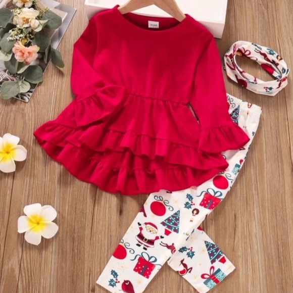 3 piece Christmas outfit.  Red top, Santa & Christmas tree leggings & scarf - Picture 1 of 12